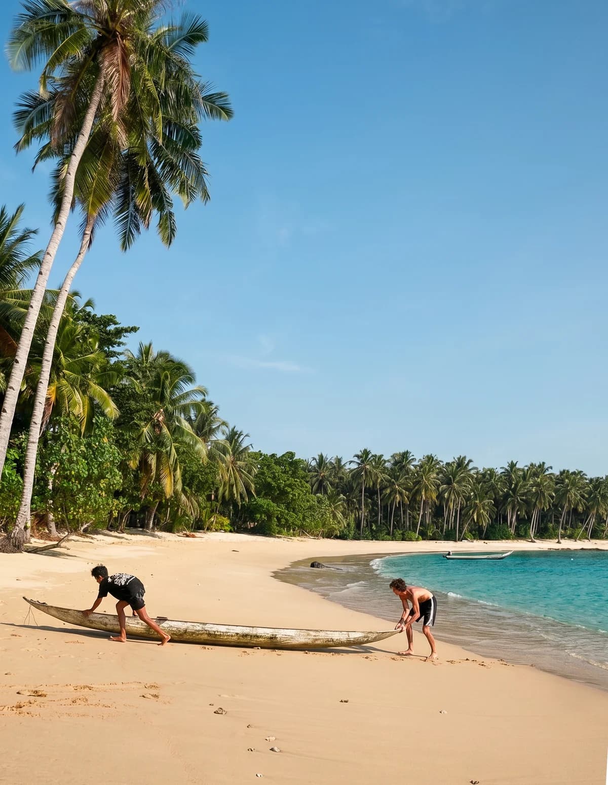 A canoe on a palm-lined beach in the Mentawai Islands