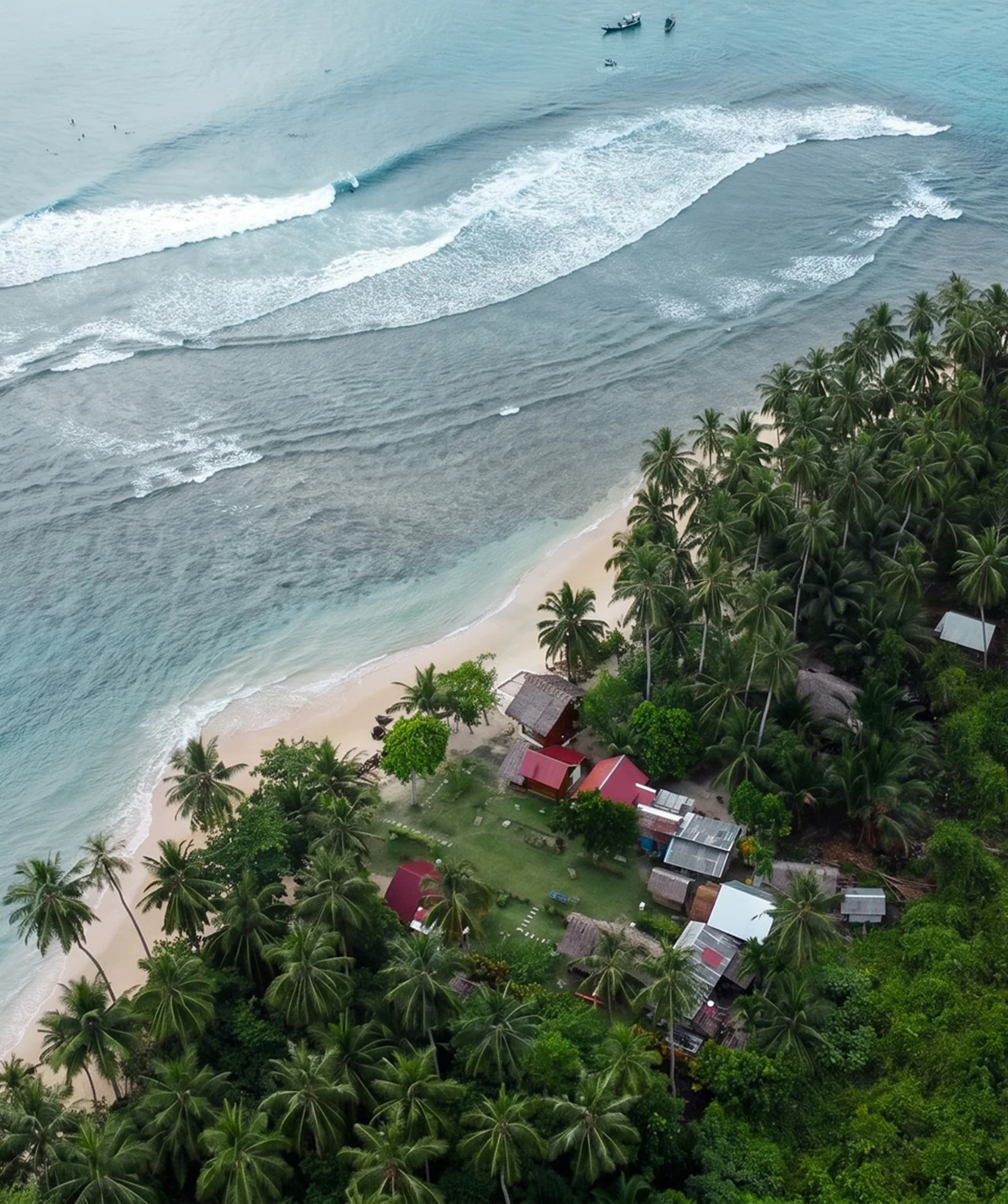 Waves approaching a palm-lined Mentawai beach, with the camp nestled beside the shore